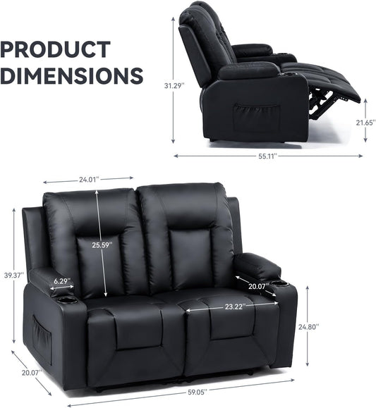 Living Room Furniture Set, Bonded Leather Loveseat Sofa with Cup Holder Recliner Chair, Black