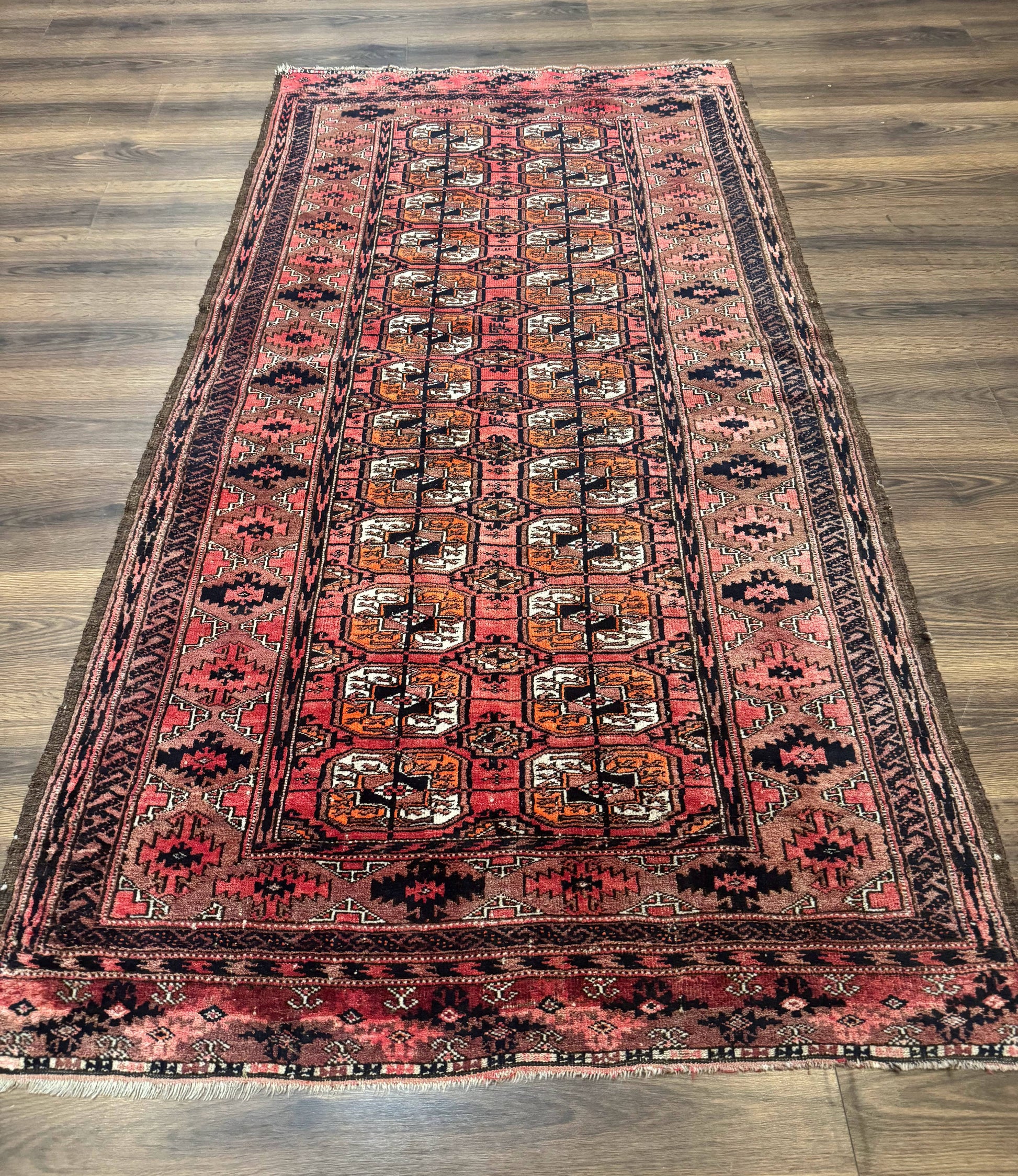 Antique Turkoman Rug 3.7 x 6.7, Red, Wool Runner Rug-0