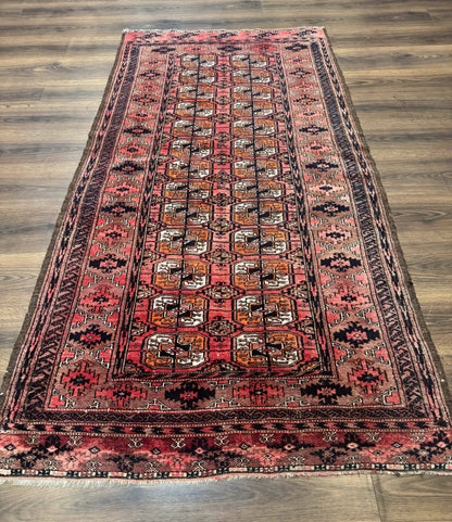 Antique Turkoman Rug 3.7 x 6.7, Red, Wool Runner Rug-0