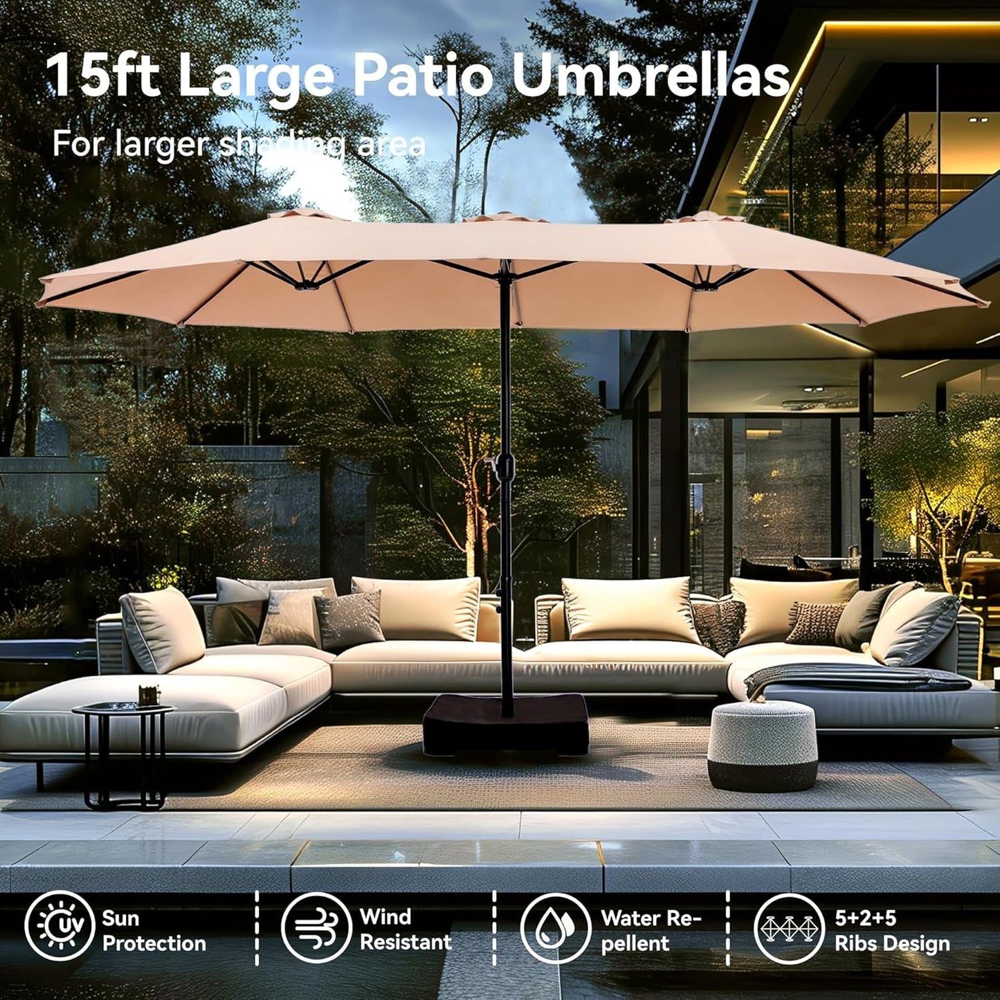 15Ft Large Patio Umbrellas with Base Included, Outdoor Double-Sided Rectangle Market Umbrella with Crank Handle, for Poolside Lawn Garden, Beige