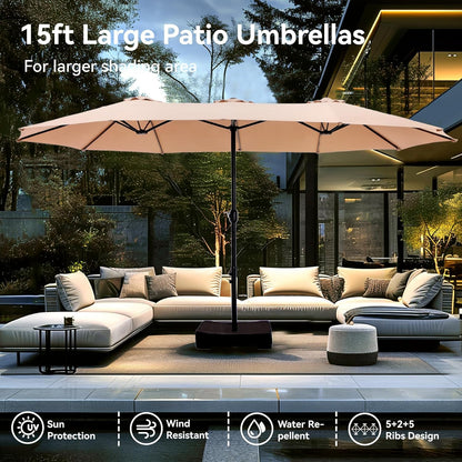 15Ft Large Patio Umbrellas with Base Included, Outdoor Double-Sided Rectangle Market Umbrella with Crank Handle, for Poolside Lawn Garden, Beige