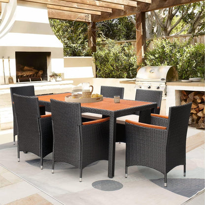 7 Piece Patio Dining Set Outdoor Acacia Wood Table and Chairs with Soft Cushions Wicker Patio Furniture for Deck, Backyard, Garden-4