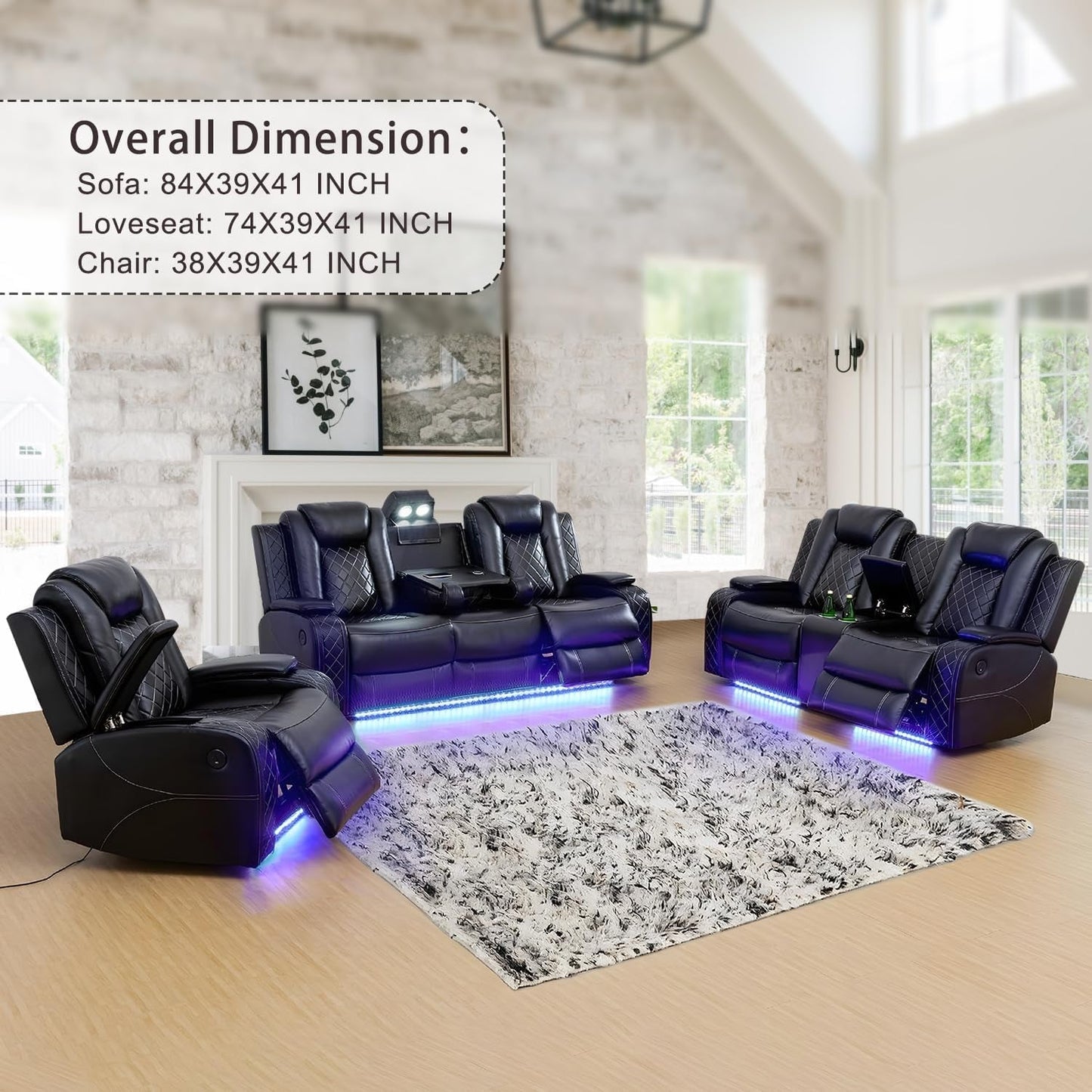 Power Leather Recliner Sofa Set with LED Lights,Living Room Furniture Set, Breathing Leather Sofa Couch with USB Port/Storage Console/Cup Holders (3 Pieces Reclining Sofa Set, Black)