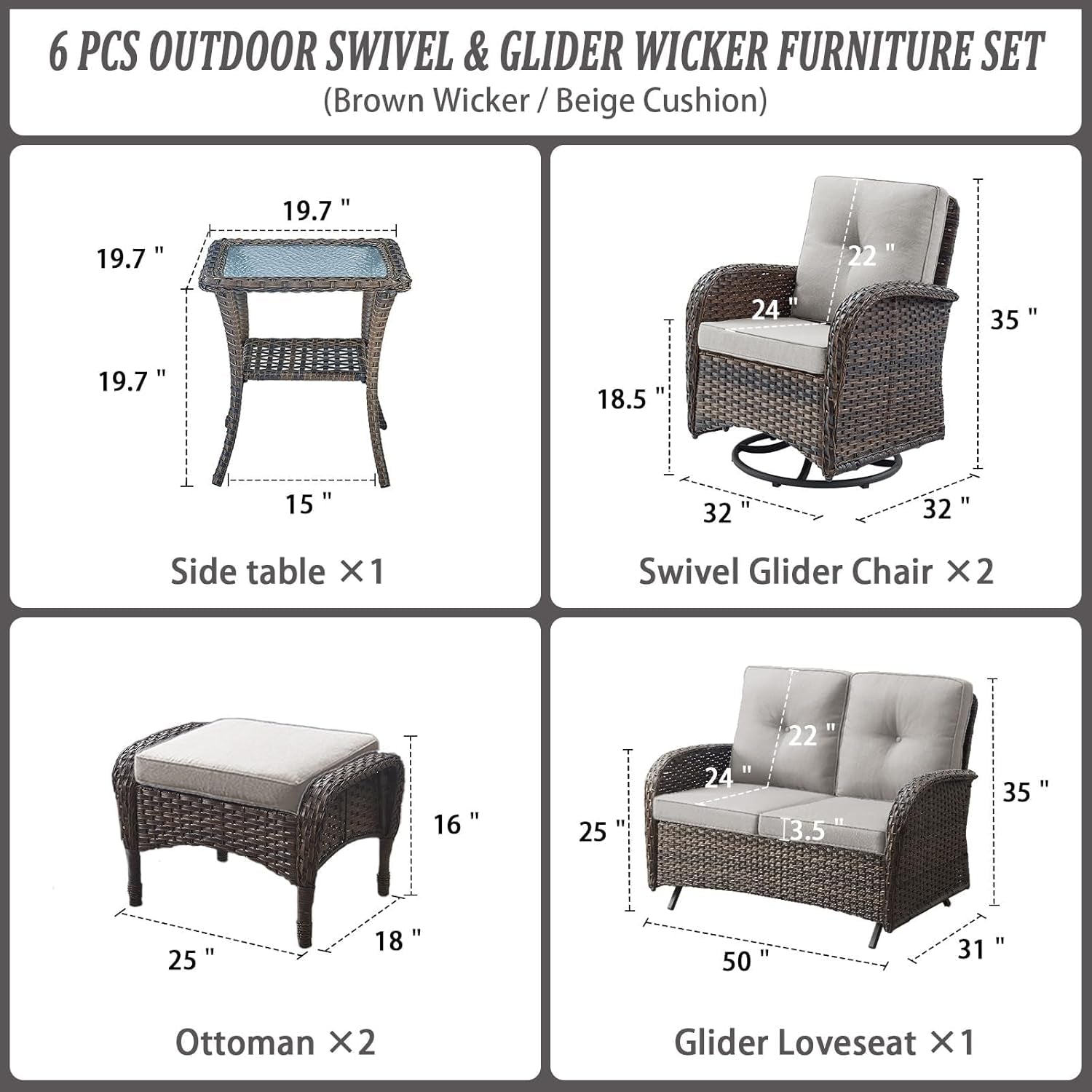 6 Pieces Wicker Patio Conversation Sets with Outdoor Swivel Rocker Chairs and Loveseat Glider Chair, All-Weather Rattan Furniture Set for Deck Patio Backyard Sunroom Brown-2