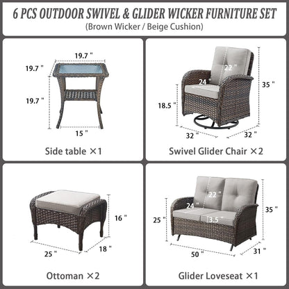 6 Pieces Wicker Patio Conversation Sets with Outdoor Swivel Rocker Chairs and Loveseat Glider Chair, All-Weather Rattan Furniture Set for Deck Patio Backyard Sunroom Brown-2