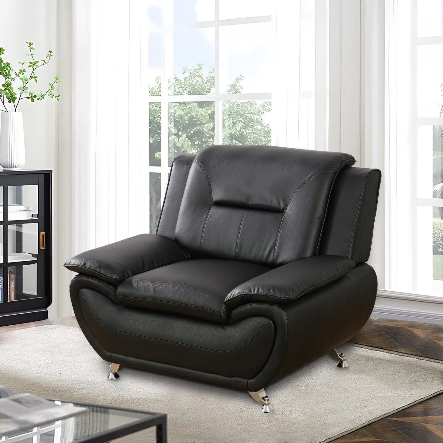 Living Room Furniture Set, Faux Leather Sofa Couch Set, 3 Pieces Modern Sofa Set for Living Room/Apartment/Office (Black)