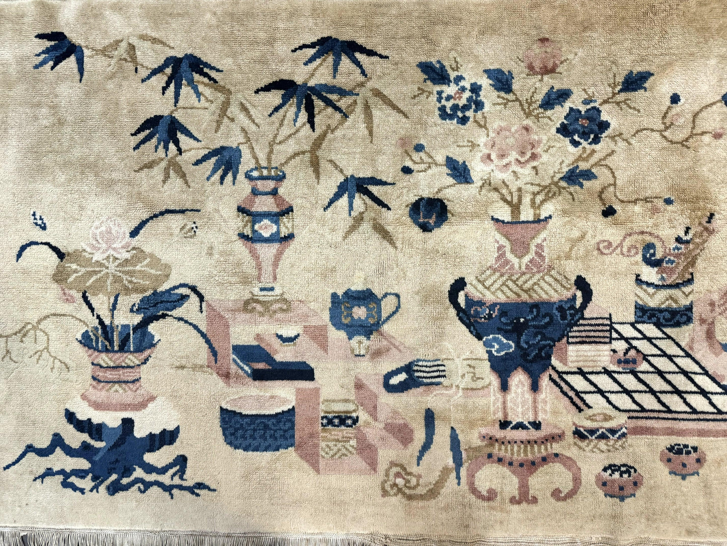 Chinese Rug 5x3, Horizontal Rug, Vases Flowers, Handmade Antique Vintage Carpet, Peking Rug, Chinese Wool Rug