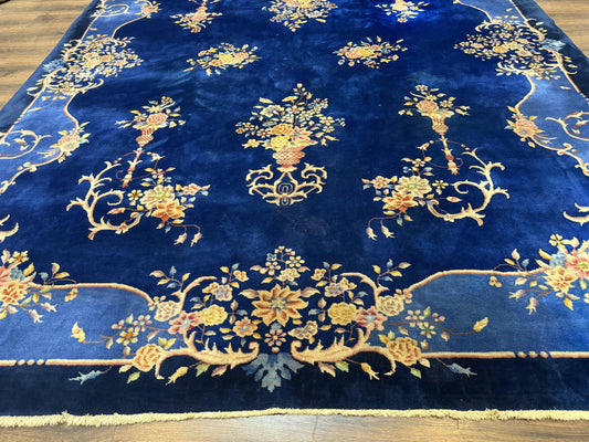 Blue Chinese Art Deco Rug 9x12, Vintage Antique Chinese Wool Rug, Chinese Fette Rug