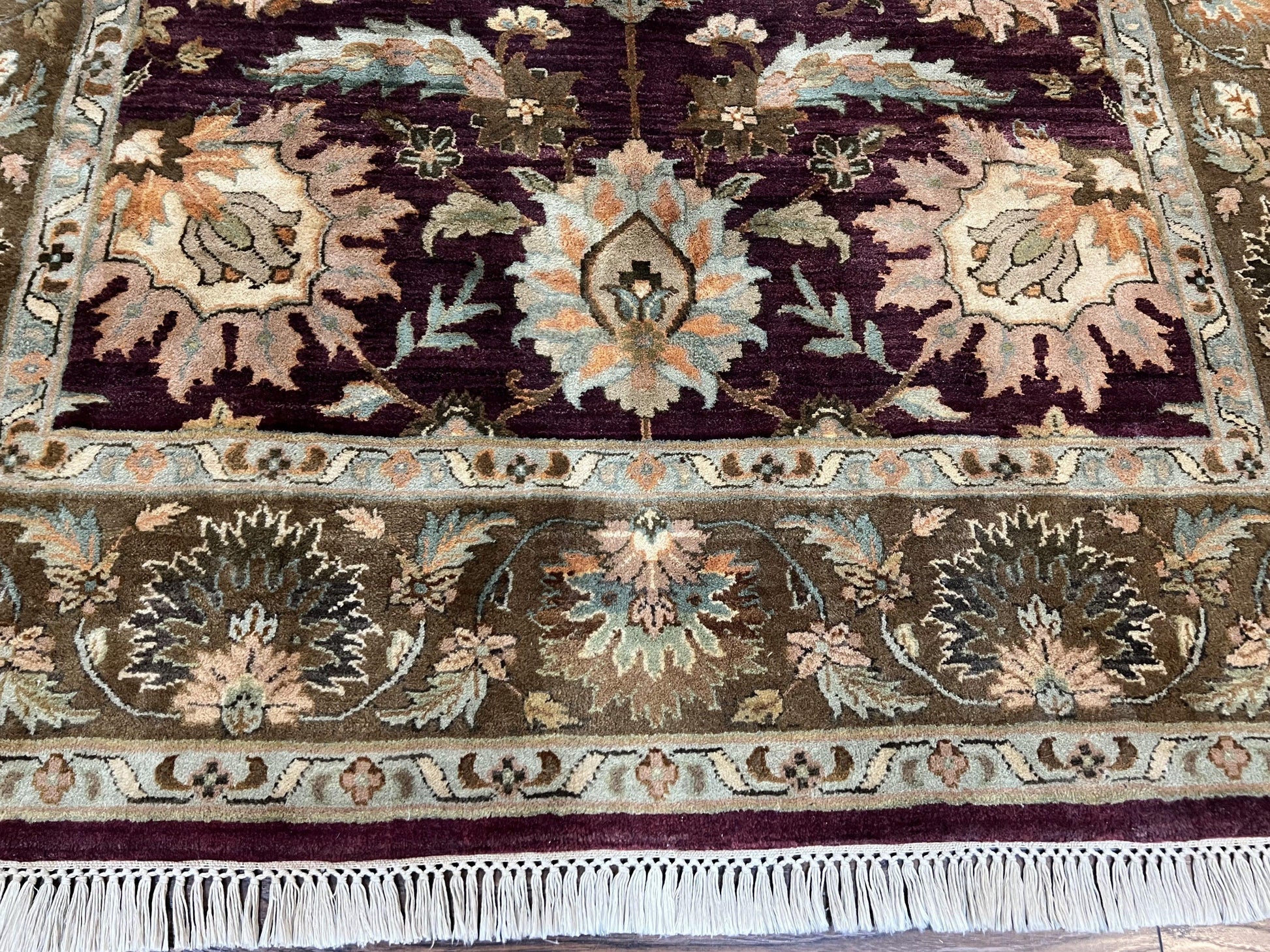 Indo Mahal Rug 6x9, Large Flowers Allover, Maroon and Green, Handmade Wool Area Rug, Vintage Rug, Indian Oriental Carpet, Hand Knotted Rug-4