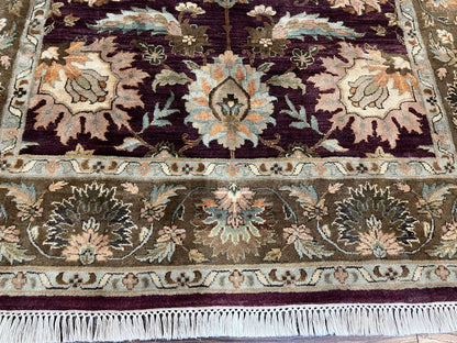 Indo Mahal Rug 6x9, Large Flowers Allover, Maroon and Green, Handmade Wool Area Rug, Vintage Rug, Indian Oriental Carpet, Hand Knotted Rug-4