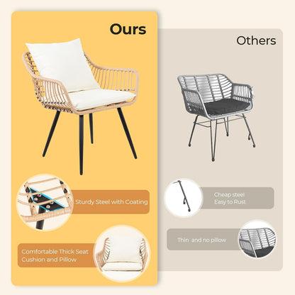 5 Piece Patio Bistro Set with Ottoman, Outdoor Wicker Apartment Balcony Furniture Sets, Rattan Table and Chairs Set of 2 for Porch Backyard Lawn Poolside Deck (Yellow/Beige)-3