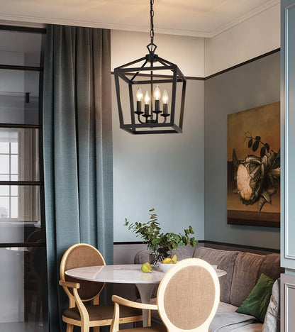 Farmhouse Rustic Black Lantern Chandelier Hanging Light Fixture 4-Lights for Kitchen Island Dining Room Hallway Entryway Foyer UL Listed