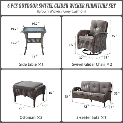 6 Piece Patio Conversation Sets - Wicker Patio Furniture Sets with Outdoor Swivel Rocker Chairs Outdoor Couch Perfect for Deck Patio Backyard, Brown Wicker Grey Cushion