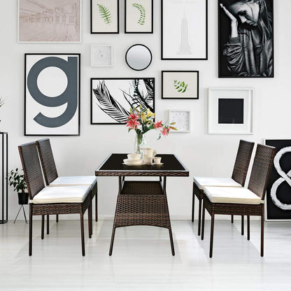 5 Piece Patio Wicker Dining Set, Outdoor Rattan Table and Chairs with W/Tempered Glass Table Top & Padded Cushions, Wicker Patio Conversation Furniture Set for Balcony Patio Garden Poolside-2