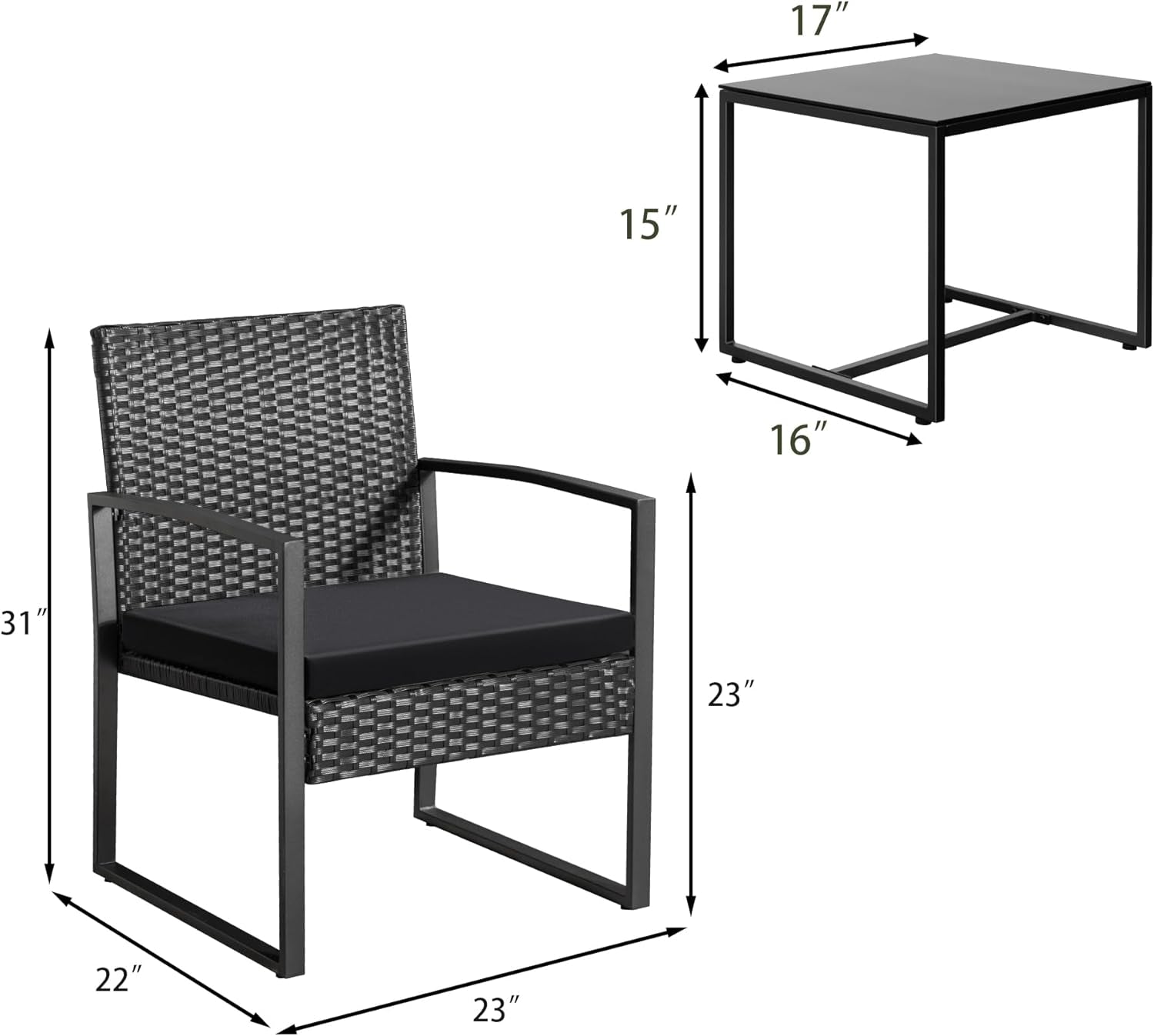 3 Piece Wicker Conversation Bistro Sets Outdoor Patio Set Modern Rattan Chair Furniture Sets with Coffee Table for Yard Garden Porch Lawn (Black)-3