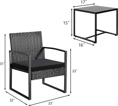 3 Piece Wicker Conversation Bistro Sets Outdoor Patio Set Modern Rattan Chair Furniture Sets with Coffee Table for Yard Garden Porch Lawn (Black)-3