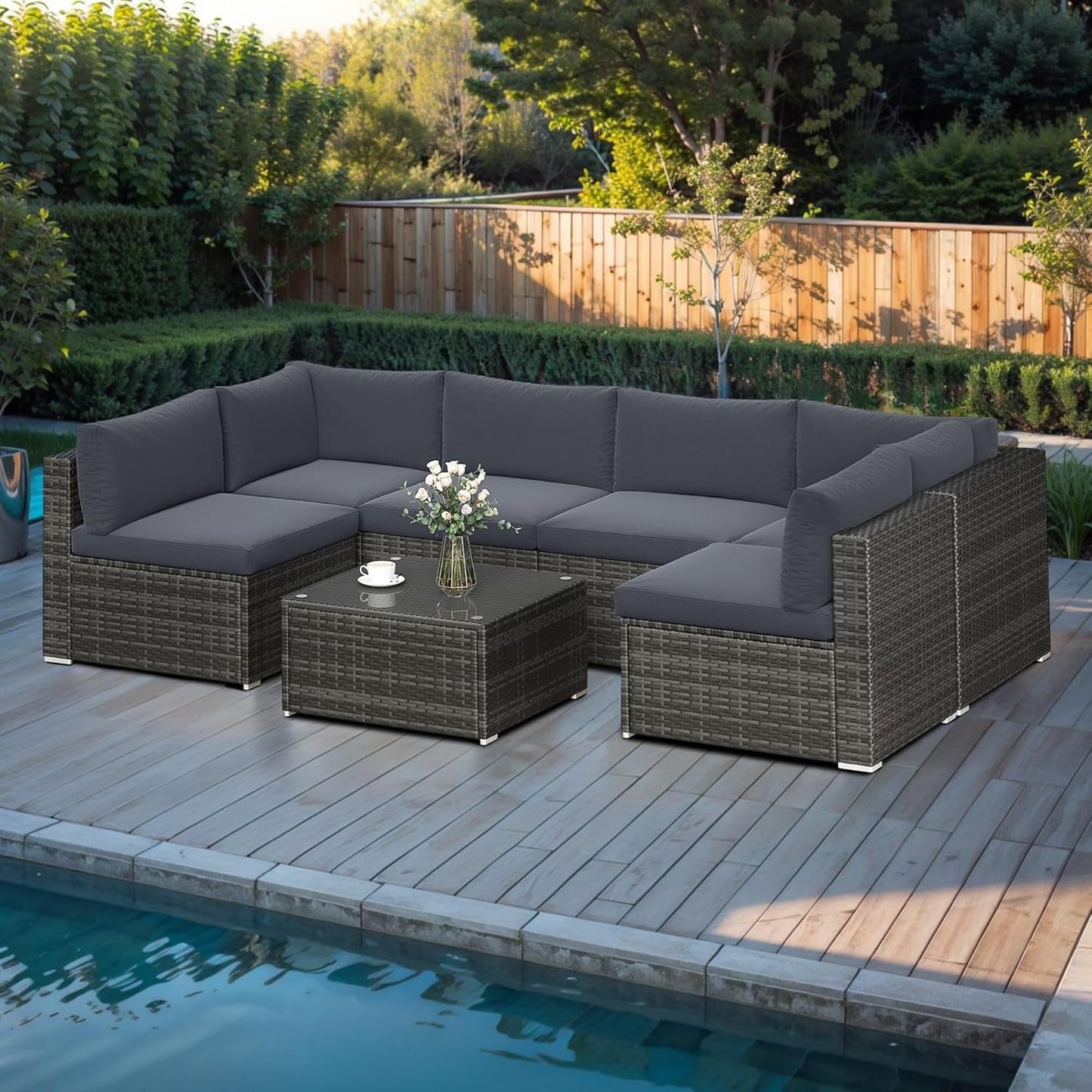7 Piece Outdoor Patio Furniture Set, All Weather Wicker Rattan Sectional Sofa Conversation Set with Cushions & Large Glass Coffee Table, Ideal for Garden Backyard Porch, Dark Grey-0