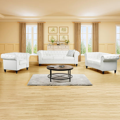 Emery Chesterfield 3 Piece Living Room Sectional Sofa Set Rolled Arms, Tufted Cushion Sofas for Living Room Set Includes Sofa, Loveseat Couch, Accent Arm Chair / Easy Tool-Free Assembly – off White-0