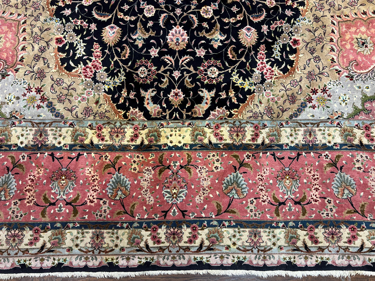 Magnificent Persian Tabriz Rug 11x16, Oversized Persian Carpet 11 x 16 ft, Wool on Silk Finely Hand Knotted, 450 KPSI, Floral Medallion, Black Pink-4