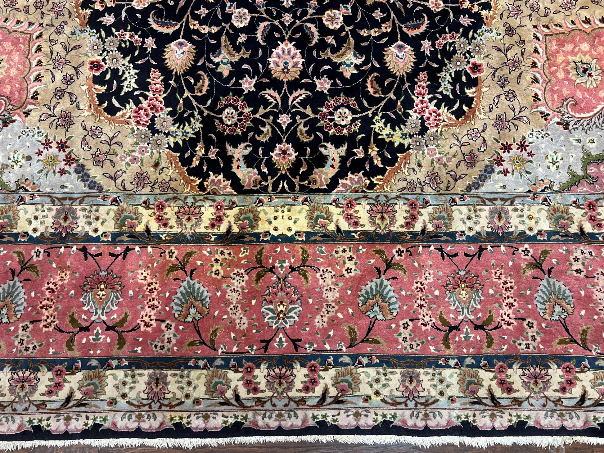 Magnificent Persian Tabriz Rug 11x16, Oversized Persian Carpet 11 x 16 ft, Wool on Silk Finely Hand Knotted, 450 KPSI, Floral Medallion, Black Pink-4