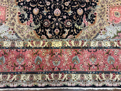 Magnificent Persian Tabriz Rug 11x16, Oversized Persian Carpet 11 x 16 ft, Wool on Silk Finely Hand Knotted, 450 KPSI, Floral Medallion, Black Pink-4