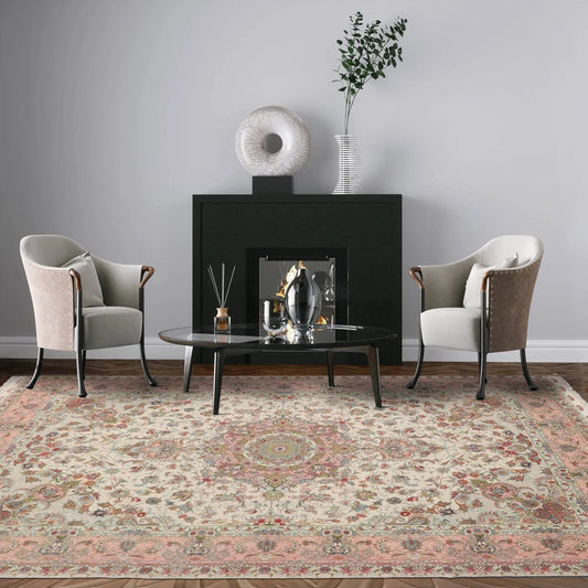 6x9 Hand Knotted Wool and Silk Traditional Tabriz Master Weaver Signed 400 KPSI Oriental Area Rug Ivory, Blush Color-0