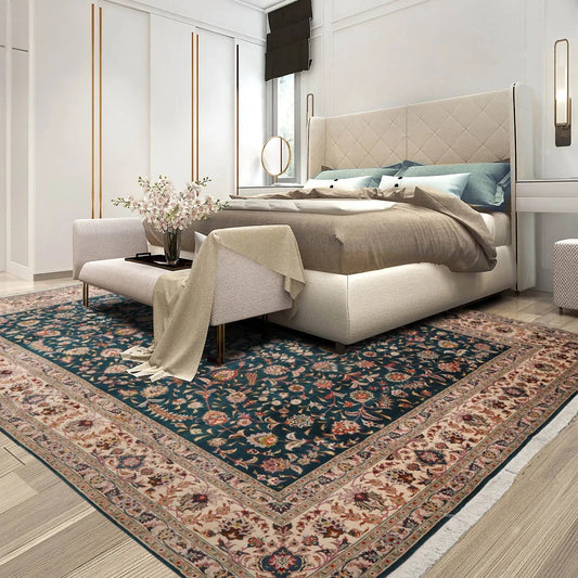 10x14 Hand Knotted Wool and Silk Traditional Tabriz 400 KPSI Oriental Area Rug Teal, Beige Color-0