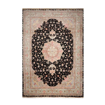 11' 6''x16' 10'' Palace Hand Knotted Wool and Silk Tabriz Traditional 400 KPSI Oriental Area Rug Black, Aqua Color-1
