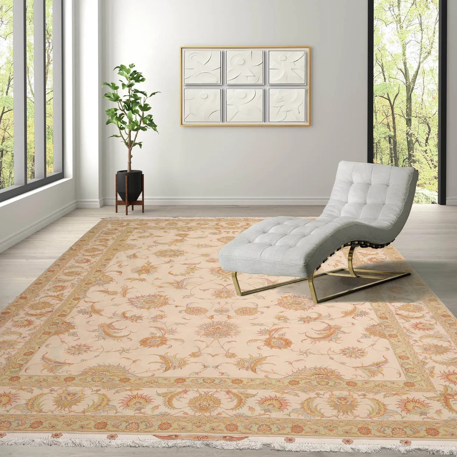8x10 Hand Knotted Wool and Silk Traditional 350 KPSI Oriental Area Rug Ivory, Mint Color-0