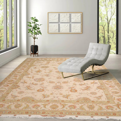 8x10 Hand Knotted Wool and Silk Traditional 350 KPSI Oriental Area Rug Ivory, Mint Color-0
