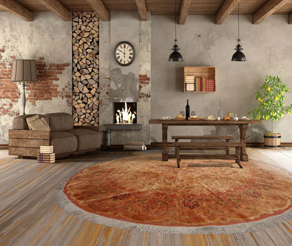 9'9''x9'9'' Round Tan, Peach Hand Knotted Wool and Silk Tabriz Traditional Oriental Area Rug-0