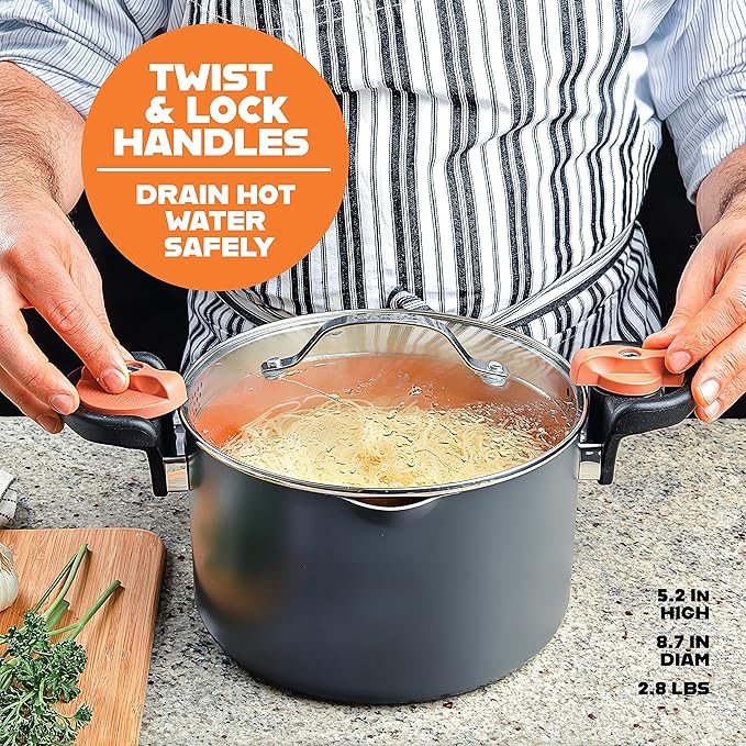 GOTHAM STEEL 5 Qt Ceramic Stock Pot Multipurpose Pasta Pot with Strainer Lid & Twist and           Lock Handles, Nonstick Ceramic for Soup, Spaghetti, Rice, Pots for Kitchen, Dishwasher Safe - Copper