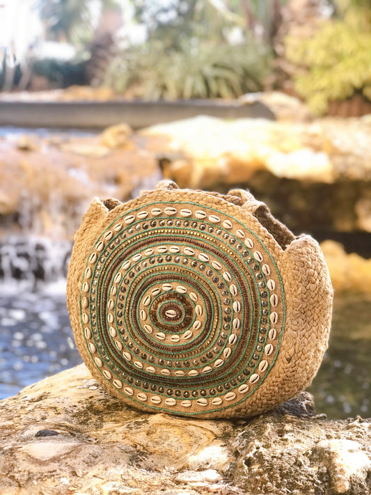 Designed Handmade Beaded Round Jute Bag