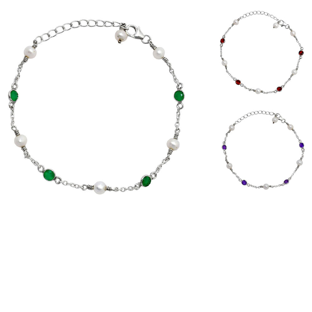 Premium Fresh Water Pearl & Green Onyx 925 Silver Bracelet Jewelry B-1048 AGB1001-3