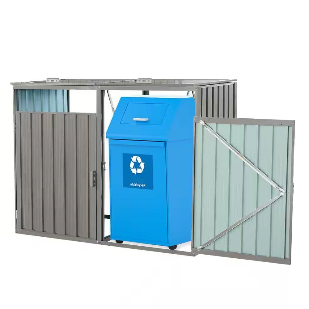 Outdoor Grey Galvanized Steel Garbage Bin Storage Shed - Holds 2 Trash Cans