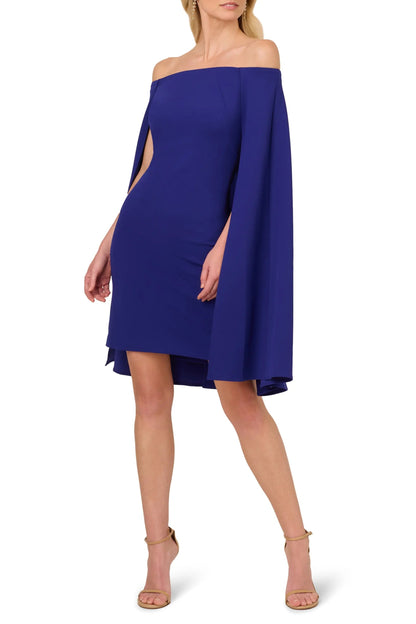 Adrianna Papell Off Shoulder Cape Sheath Crepe Dress-0