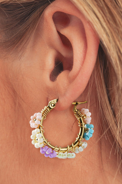 Gold Beaded Flower Hoop Earrings