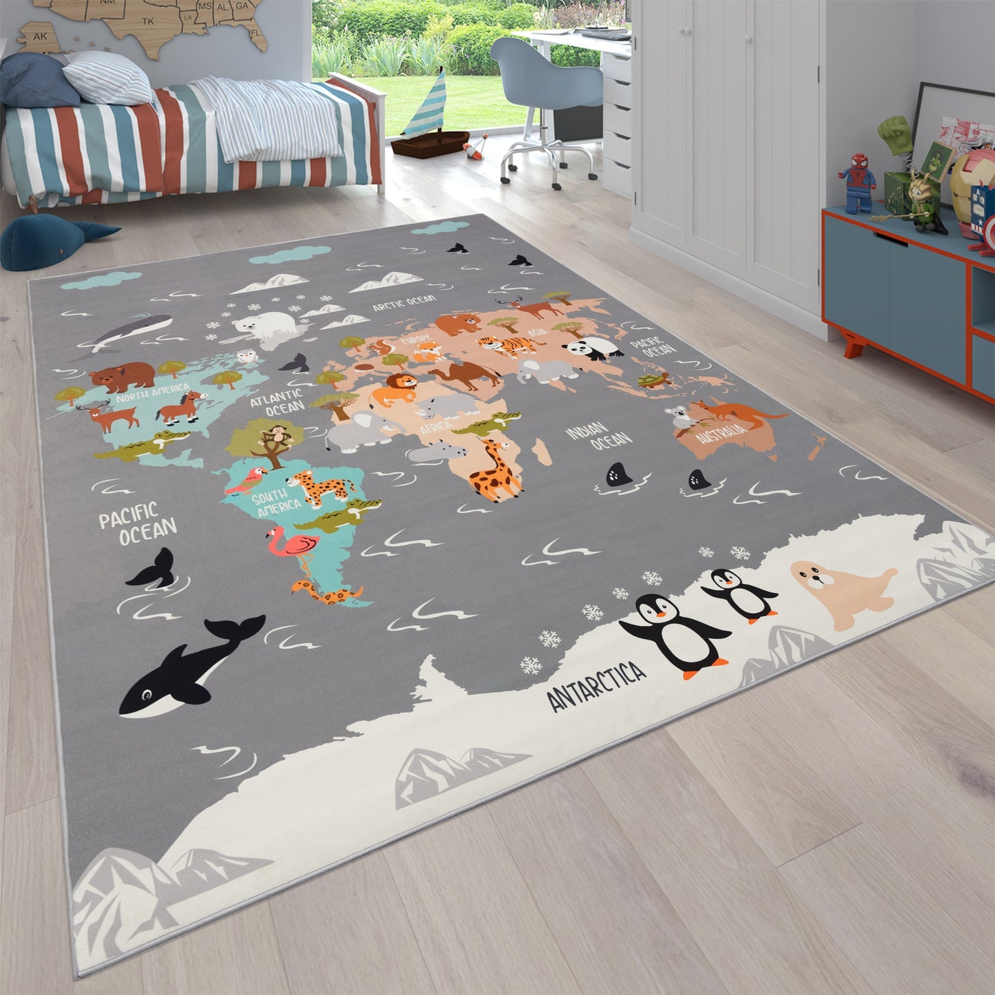 Play Mat Lilo Educational Kids Rug with World Map & Animals in Grey-0
