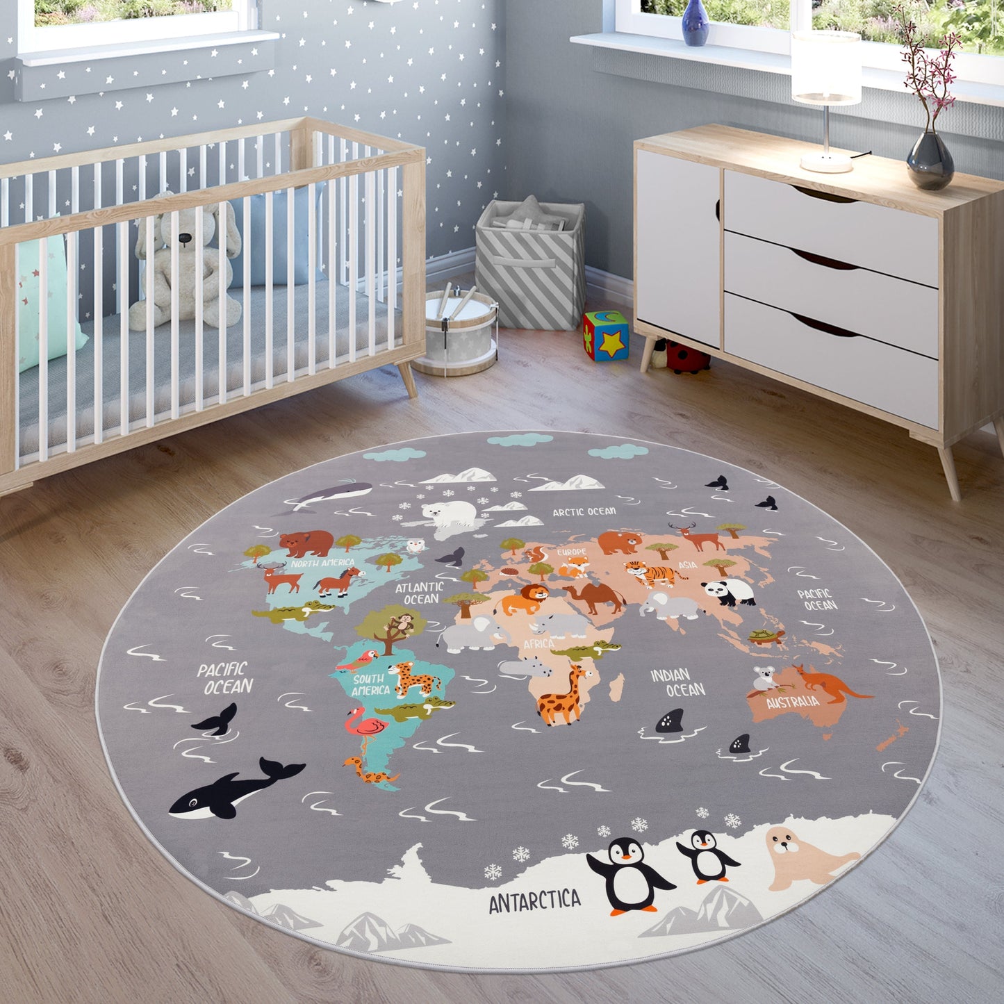 Play Mat Lilo Educational Kids Rug with World Map & Animals in Grey-4