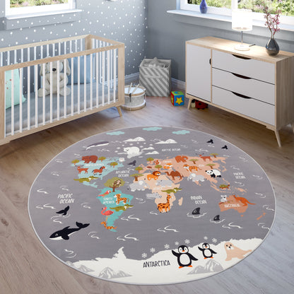 Play Mat Lilo Educational Kids Rug with World Map & Animals in Grey-4