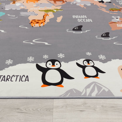 Play Mat Lilo Educational Kids Rug with World Map & Animals in Grey-2