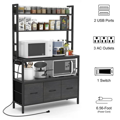 Black Metal Kitchen Baker's Rack 4-Shelves with Bottom Storage Cabinets