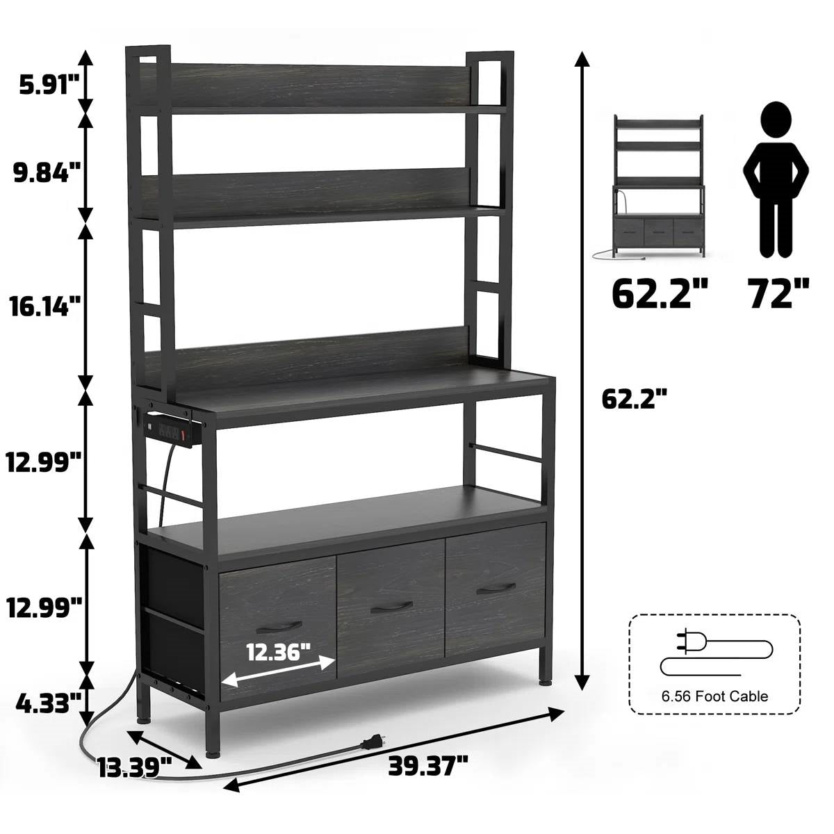 Black Metal Kitchen Baker's Rack 4-Shelves with Bottom Storage Cabinets