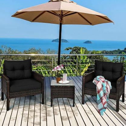 3-Piece Brown PE Rattan Outdoor Dining Patio Furniture Set with Black Cushions-1