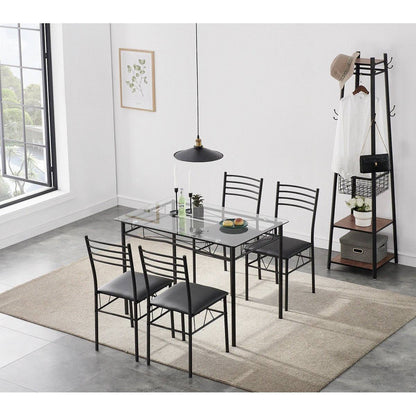 Black 5-Piece Dining Set with Rectangular Glass-Top Table and 4 Chairs