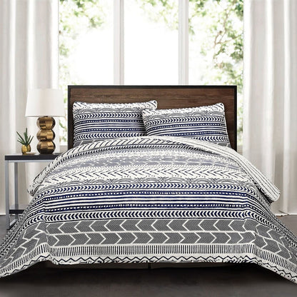 3 Piece Scandinavian Blue White Reversible Cotton Set in Full/Queen-0