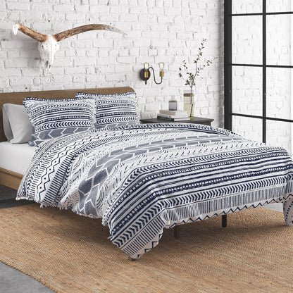 3 Piece Scandinavian Blue White Reversible Cotton Set in Full/Queen-2