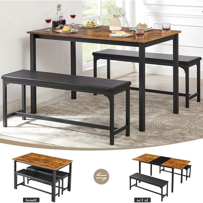 Modern 3-Piece Dining Set with Expandable Kitchen Table and 2 Backless Benches
