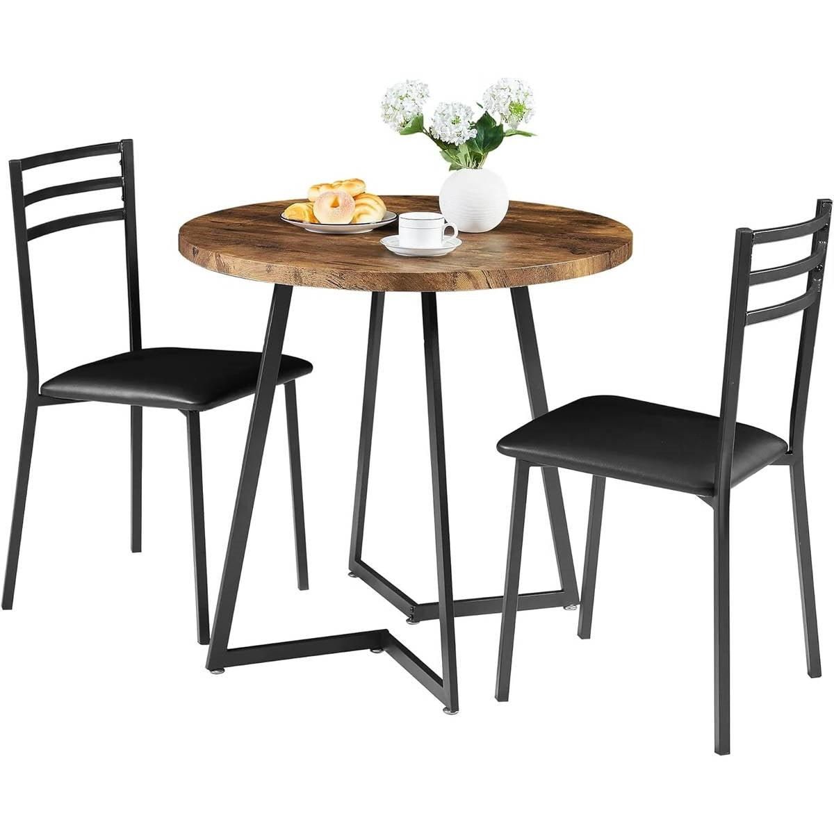 Modern 3-Piece Kitchen Dining Set with Round Wood-Top Table and 2 Chairs