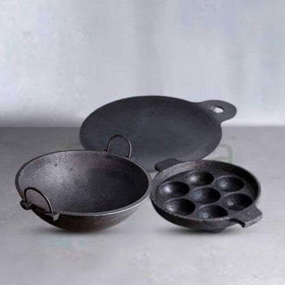 Breakfast Medium Cast Iron Combo: Iron Dosa Tawa, Cast Iron Kadai & Paddu-Appe